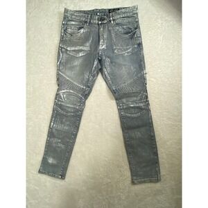 Smoke Rise Moto Jeans Metallic Silver Distressed Denim Pants 34x32 Grunge Skater